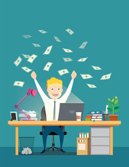 Happy businessman looking at the computer laptop. Success man with arms up sitting in an office chair under money rain banknotes falling.