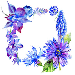 Plakat Wildflower violet flower frame in a watercolor style isolated.