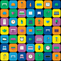 Furniture icons. Vector set. Flat design with long shadow. Fitment on colorful background. Elements for interior of living rooms and bedrooms.
