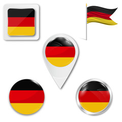 Set of icons of the national flag of Germany in different designs on a white background. Realistic vector illustration. Button, pointer and checkbox.