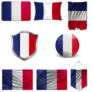 Set of the national flag of France in different designs on a white background. Realistic vector illustration.