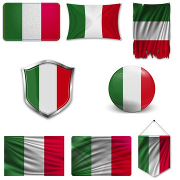 Set of the national flag of Italy in different designs on a white background. Realistic vector illustration.