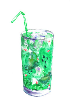 Watercolor drawing - cocktail of fruits, kiwi, lime, mint, ice. Cool drink with ice. On white isolated background. Logo, postcard, card, drawn by hand graphics 