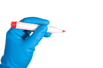 scientist hand in blue glove holding red marker for writing isolated on white background