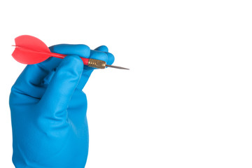 scientist hand in blue glove holding red darts isolated on white background