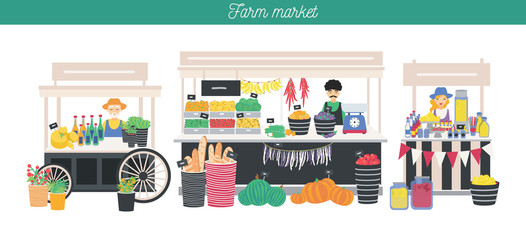Horizontal advertising banner on farm market theme, organic food. Different vendors, local shop. Farmers sell fresh products, vegetables, fruits, bread, drink. Colorful vector illustration.