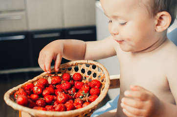 the child in the kitchen eating strawberries