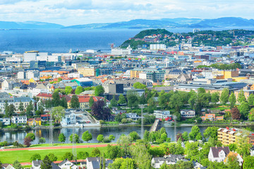 Fototapeta na wymiar Summer in the norwegian city Trondheim. Aerial view of Trondheim fjord, the river Nidelva and center of the city.