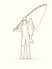 Fisherman standing and show big fish outline stroke graphic vector
