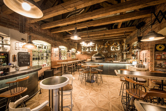 Modern european restaurant with wooden interior