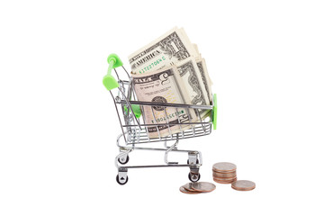 American dollars in the shopping pushcart, isolated