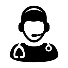 Doctor Icon Vector Symbol With Online Support Wearing Headphone For Contacting Physician Consultation Specialist Avatar In Glyph Pictogram illustration