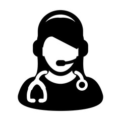 Woman Doctor Icon Vector Symbol With Online Support Wearing Headphone For Contacting Physician Consultation Specialist Avatar In Glyph Pictogram illustration