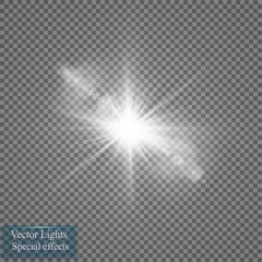 Glow light effect. Starburst with sparkles on transparent background. Vector illustration. Sun. Christmas flash. dust

