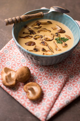 Cream Mushroom Soup in Bowl on Stone Background. Homemade Mushrooms Pottage Puree.