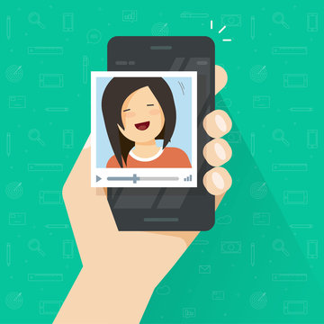 Video call on smartphone vector illustration, flat cartoon girl calling via mobile phone and video communication technology, cellphone and video player