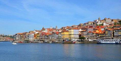 Porto, Portugal - 2nd May, 2017: Ribeira (old town), a Unesco World Heritage, seen from Vila Nova De Gaia (the other side of Ponte Dom Luis)