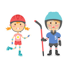 Young kids sportsmens future roller skates gymnastics children sport players vector illustration.