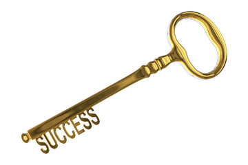 3D rendering of a vintage golden key with success on white