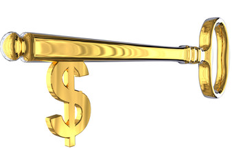 3D rendering of a vintage golden key with money sign