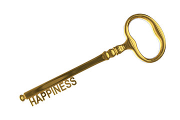 3D rendering of a vintage golden key with happiness on white