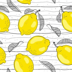 Fototapety  Lemon seamless pattern. Hand sketched fruits illustration. Vector design.