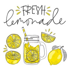 Poster with lemonade elements glass. Lettering fresh lemonade drawing - obrazy, fototapety, plakaty