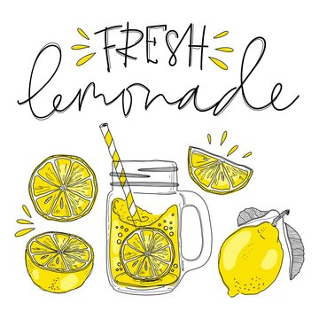 Poster with lemonade elements glass. Lettering fresh lemonade drawing