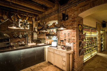 Rustic wooden bar in pizzeria interior