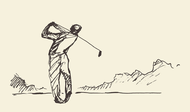 Sketch man hitting golf ball vector illustration.