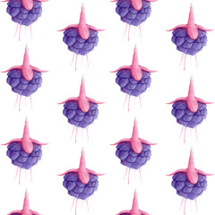 Watercolor seamless pattern with a fuchsia flower on the white background