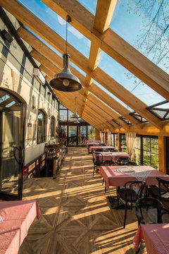 Interior of restaurant with skylight