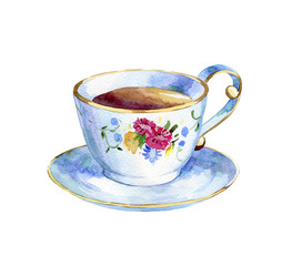 watercolor hand drawn cap of tea on a white background