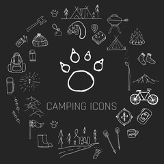 Hand drawn camping icons set.