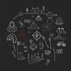 Hand drawn camping icons set.