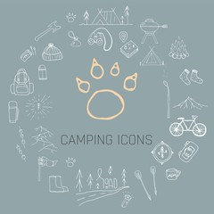 Hand drawn camping icons set. Camping icons to use for web and mobile UI