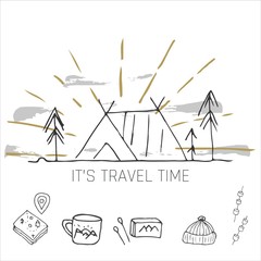 Hand drawn camping icons set. Camping icons to use for web and mobile UI