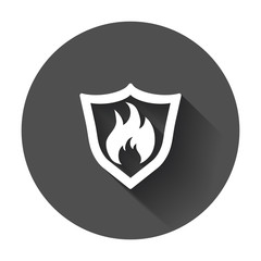 Fire warning sign shield. Fire flame vector illustration with long shadow.