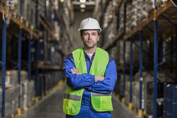 Warehouse worker standing between rows with merchandise and looking at camera
