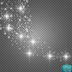 Lights on transparent background. Magic concept. Vector white glitter wave abstract illustration. White star dust trail sparkling particles isolated on transparent background. Magic concept