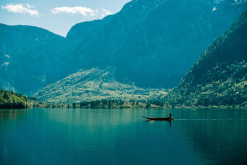 Mountain lake with boat