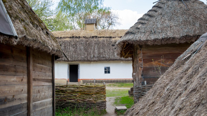 National Museum Pirogovo in the outdoors near Kiev. An old antique window in a vintage peasant white house in Ukraine.