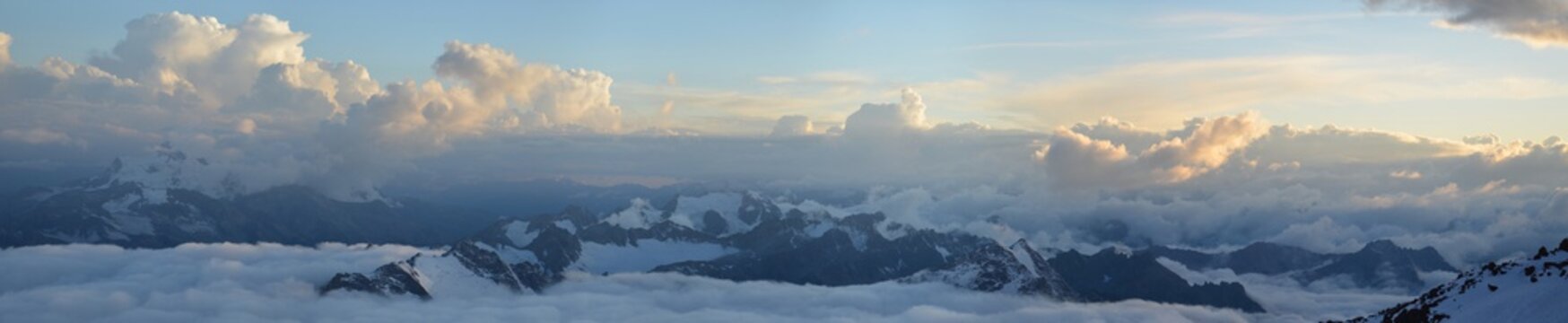 Fototapeta Mount Elbrus from the base camp in the fog
