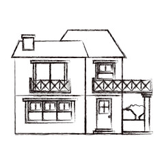 monochrome blurred silhouette of house with two floors with balcony and chimney vector illustration
