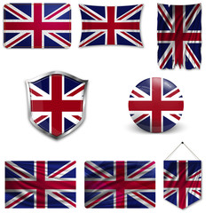 Set of the national flag of Great Britain in different designs on a white background. Realistic vector illustration.