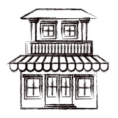 monochrome blurred silhouette of house with two floors with balcony and awning vector illustration