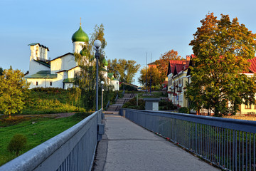 Landscape with cathedral and bridge in Pskov,
