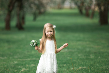 Fototapeta na wymiar Little girl is walking in an apple garden