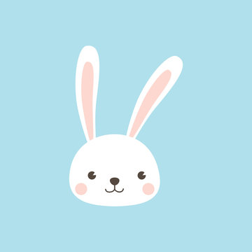 Happy Easter Bunny. Rabbit character Vector illustration for Easter greeting card, invitation with white cute rabbit on sky blue background.