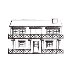monochrome blurred silhouette facade house of two floors with balcony and chimney vector illustration